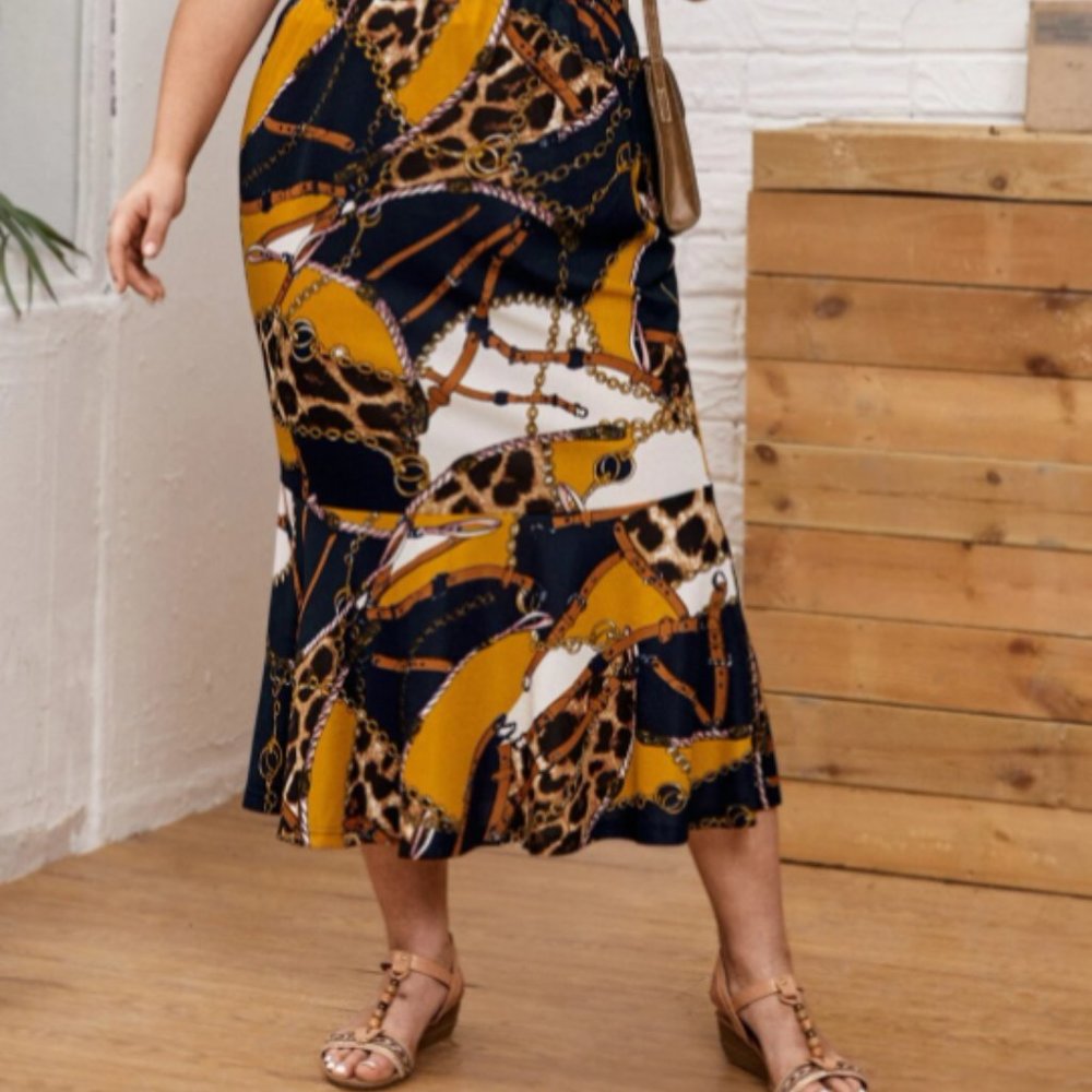 46. EMERY ROSE Plus Chain Print Ruffle Hem Skirt Size 2XL